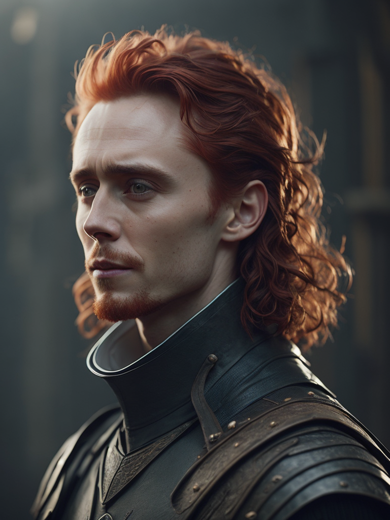 Portrait of Tom hiddleston with red hair in medieval style, detailed face, contrasting light