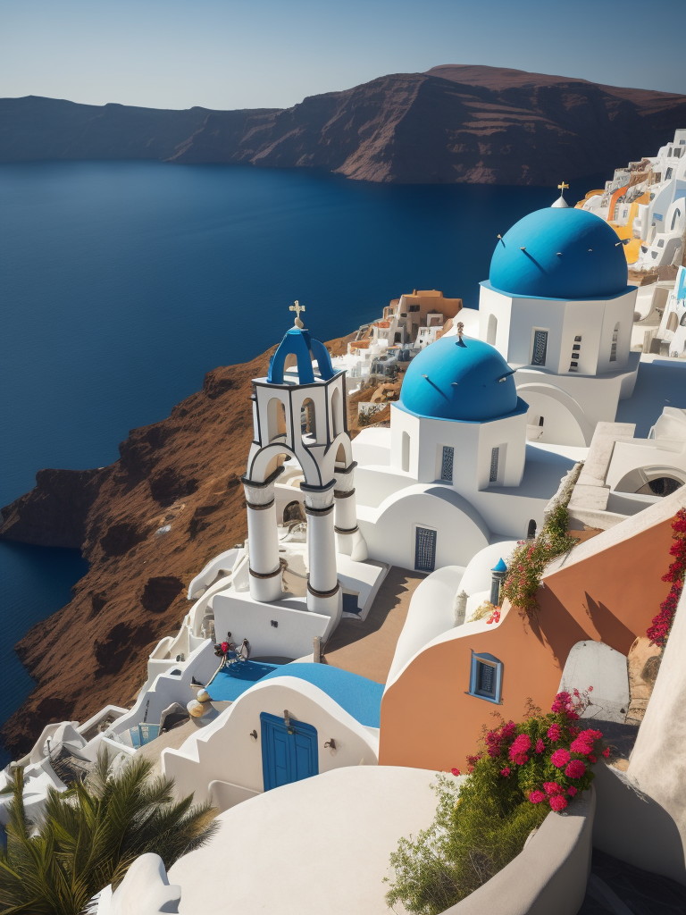 Landscape Greece Santorini, Vibrant colors, High detail, Azure sea, Mountains