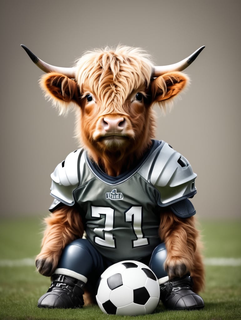 cute baby Highland Cow sitting wearing a football helmet