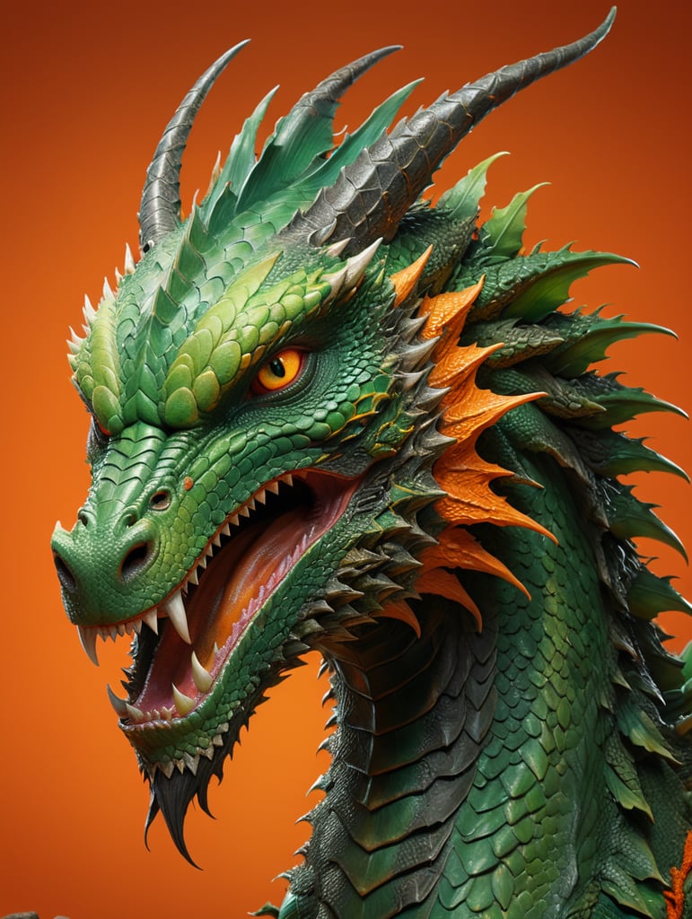3D powerful kind green adult dragon with a kind face with a long tail on an orange background, turned in profile.
