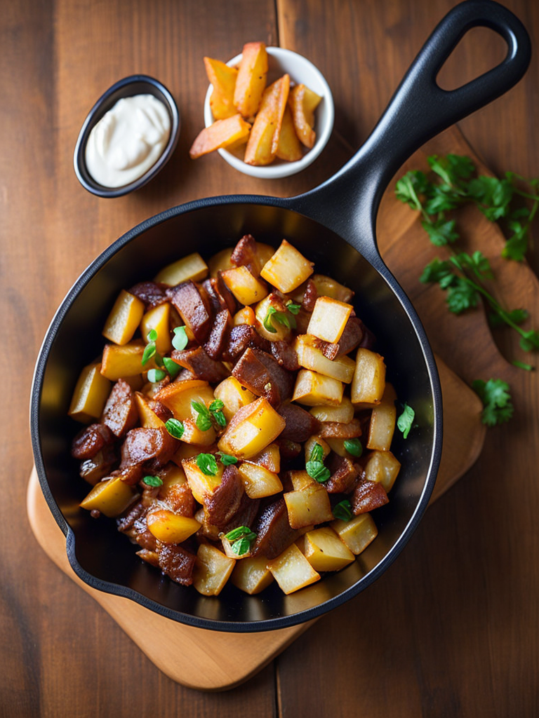 fried potatoes with juicy fried meat on a wooden background