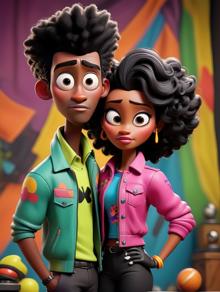 The assemblage has a very naturalistic style, with trademark use of bold colors and brushstrokes. Sportiv man and women, afro dandy, athletic shape, 80's afrobeat, custom made jacket african shirt, colorful fabric, african curtain, fashion, ebony, black, mannequin, 3d model, couple, centered image