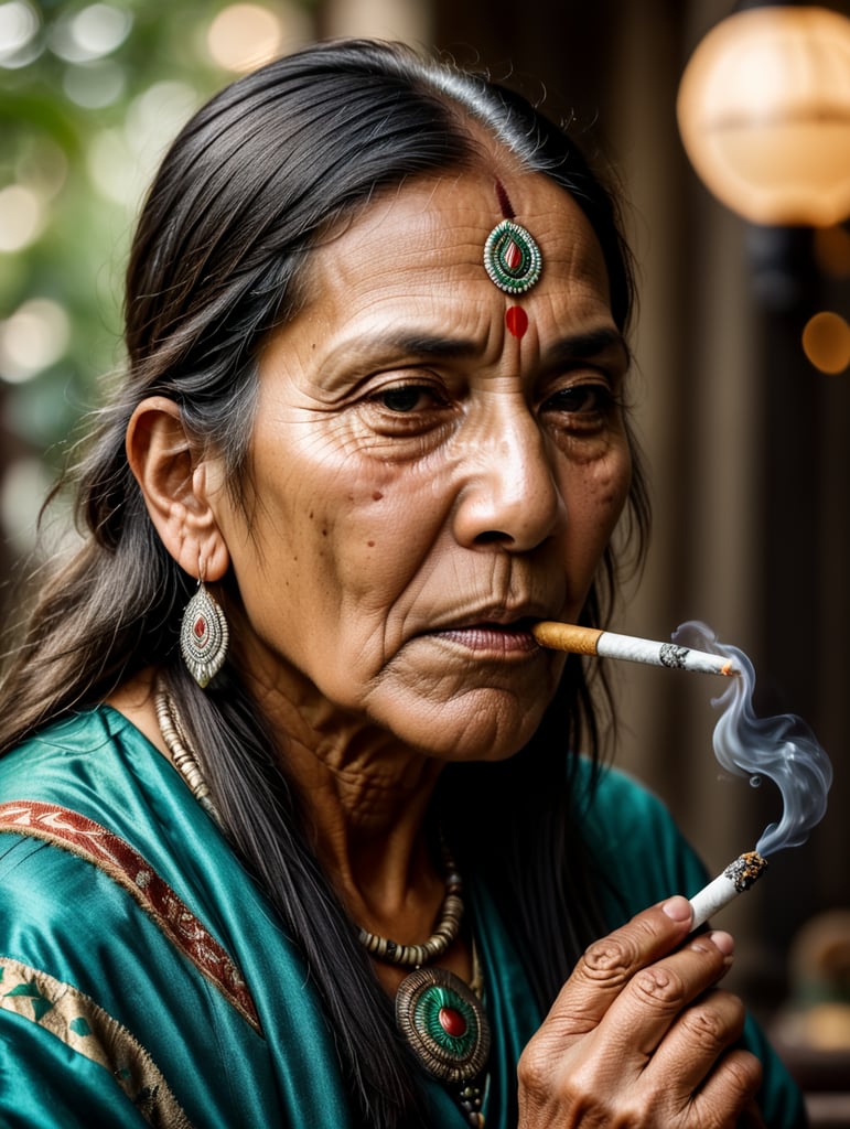 old native indian lady smoking a joint