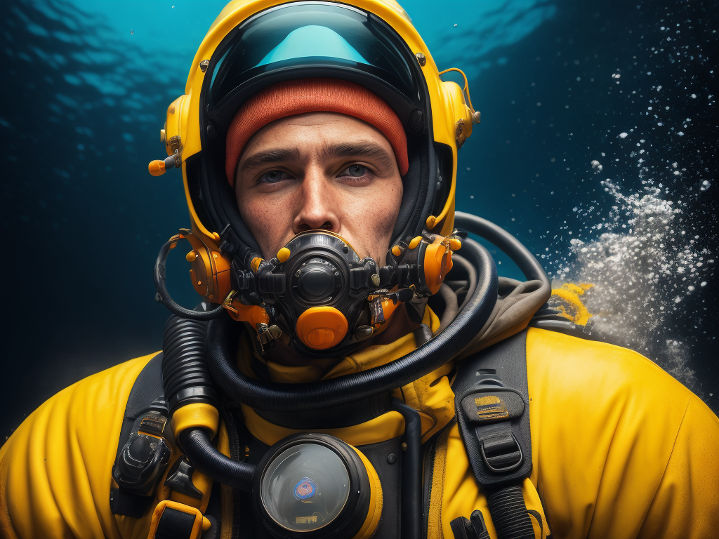 Portrait of commercial diver wearing a Kirby Morgan helmet, ultra realism, super detailed, neon colors, magazine cover, professional shot, magazine photography, bright saturated colors, sharp focus, highly detailed