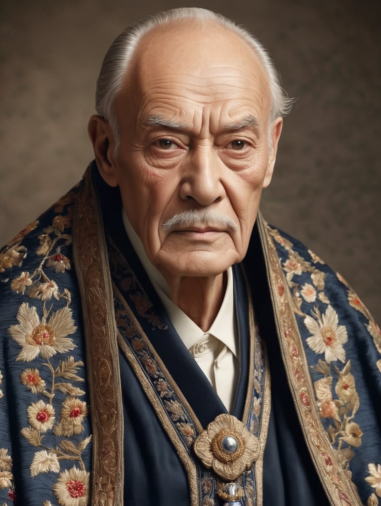 Looks like a wise man. Has a high age 70 A high forehead with sophisticated parallel long dressed in an embroidered prominent cheekbones.