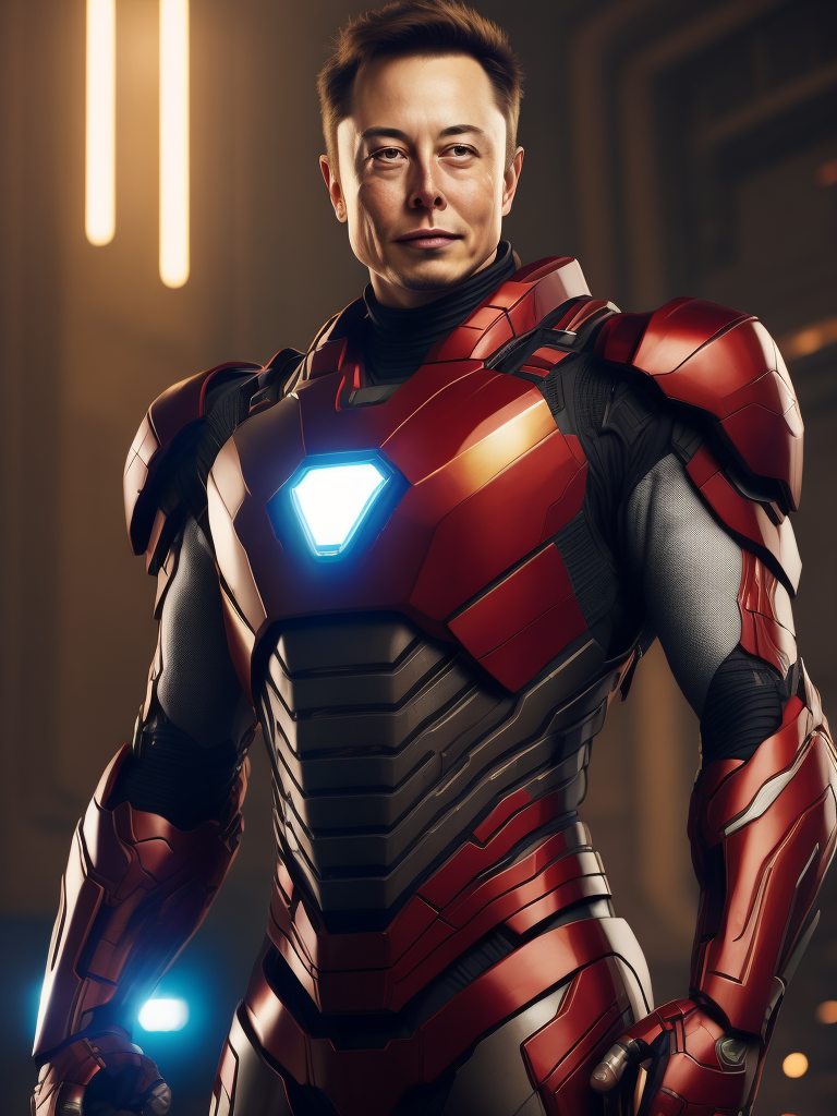 Elon Musk in the Iron Man suit from the Marvel Universe, Full body, high definition, photography, cinematic, detailed character portrait, detailed and intricate environment, Bright red color