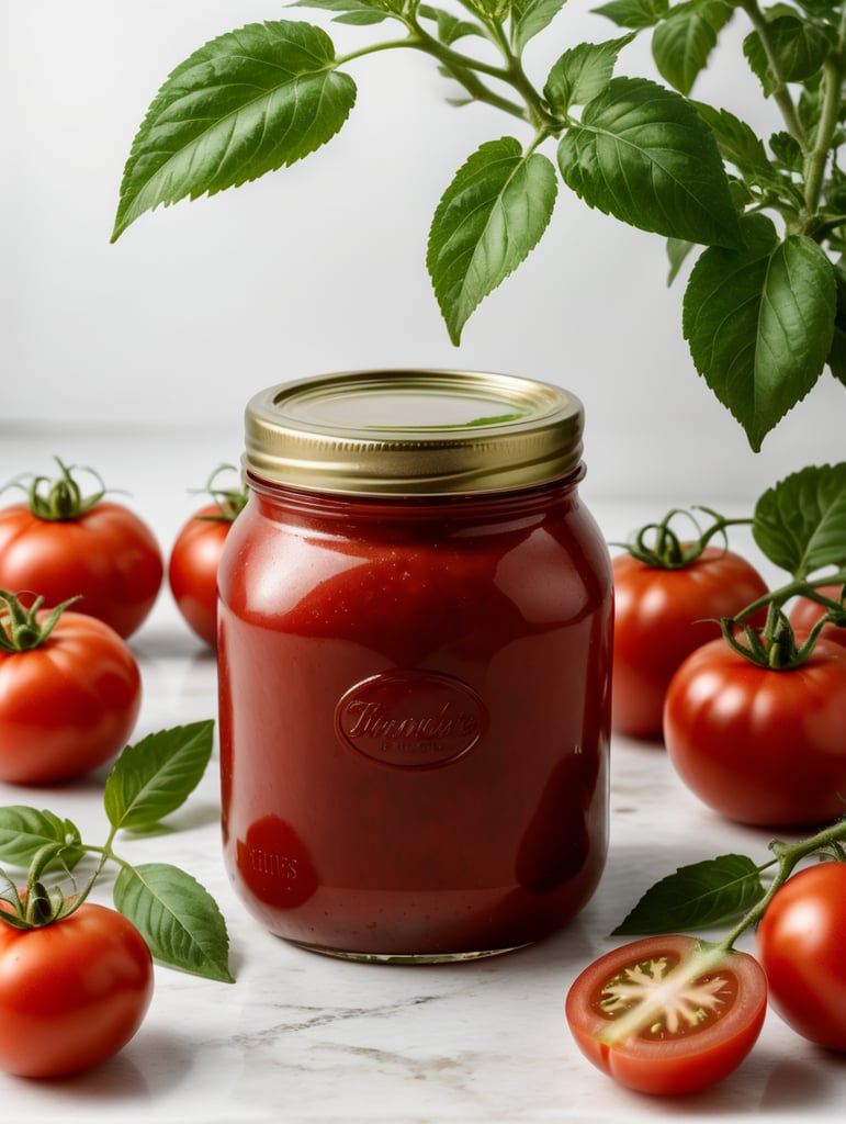 tomato ketchup jar, red tomato with green leaves, isolated, white background, mockup