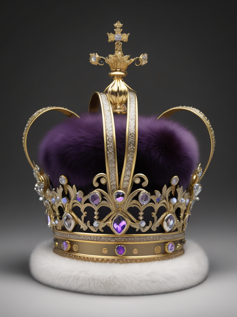 St. Edward’s Gold Crown adorned with gems, Purple velvet, White fox fur, Gray gradient background, Incredibly high detail, deep & bright colors, contrast light