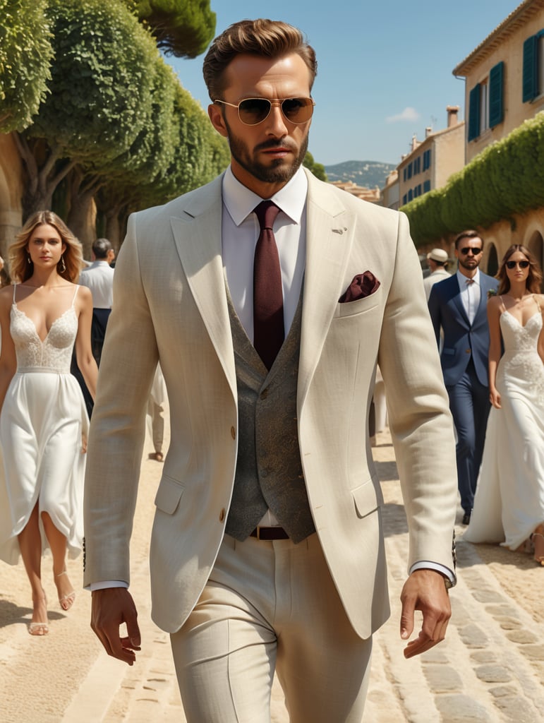 French thirty years old ultrarealism man walking in a saint Tropez landscape sunny day wear a 3 pieces beige linen suit costume privé Paris style blurred wife with a white wedding dress in the background