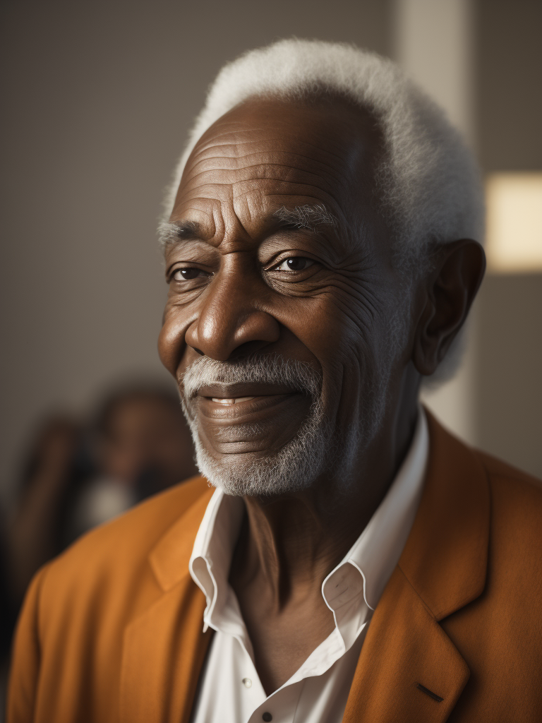 Abuelo con tez morena celebrando feliz en una habitación blanca iluminada.