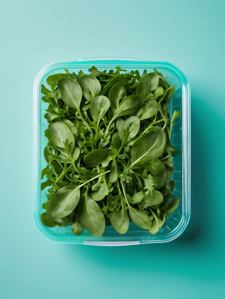 blank Transparent Plastic Container with Arugula Salad, isolated, cyan background, Mockup, mock up