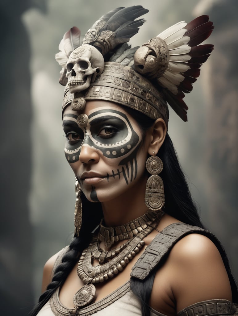 A realistic photo of Itzpapalotl, aztec deity, woman with a skull face, head and shoulder portrait