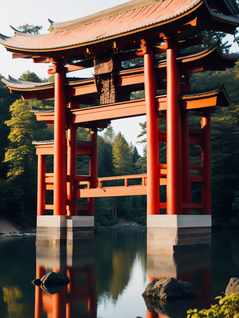 Red torii gate in middle of a lake, Dense forest on the edge of the lake, Bright and saturated colors, Japanese culture, photorealistic, contrast light