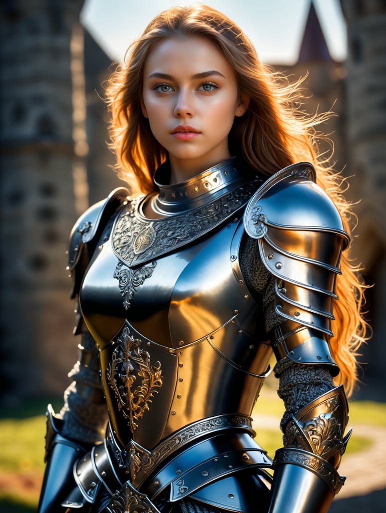 (masterpiece), (extremely intricate:1.3),, (realistic), portrait of a girl, the most beautiful in the world, (medieval armor), metal reflections, upper body, outdoors, intense sunlight, far away castle, professional photograph of a stunning woman detailed, sharp focus, dramatic, award winning, cinematic lighting, octane render, unreal engine, volumetrics dtx, (film grain, bokeh, blurry foreground, blurry background), crest on chest