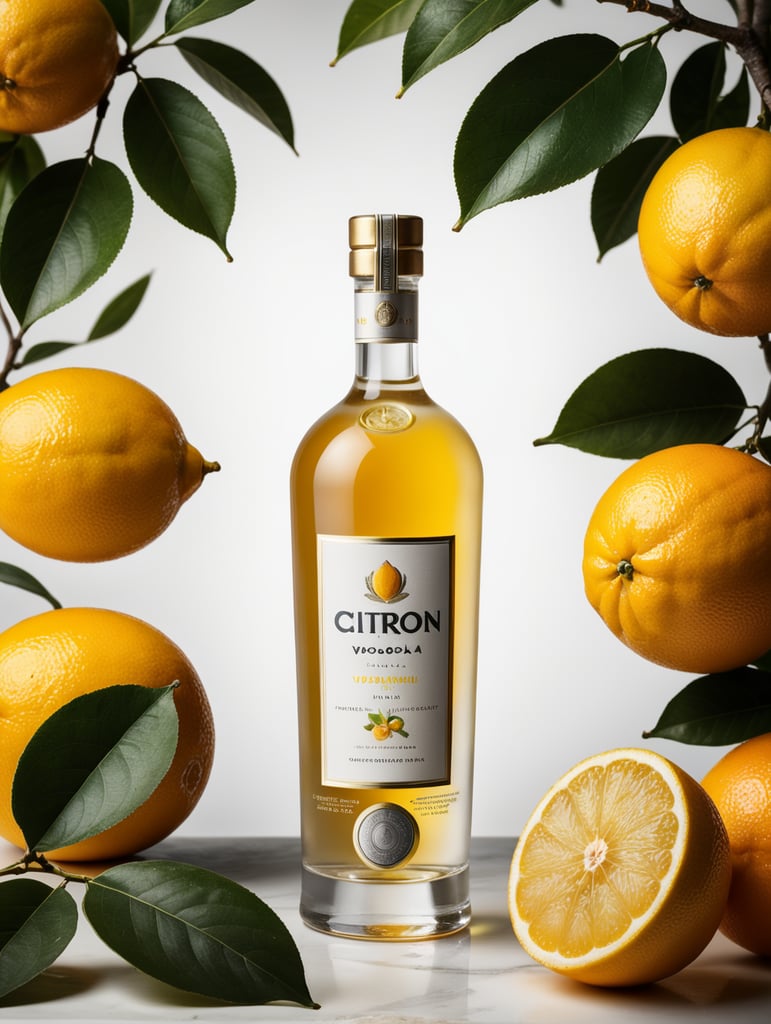 Packaging and branding for a citron vodka brand as if it had been designed by HI ESTUDIO with In a set design with citrus fruits, citrus fruits and dry citrus leaves.