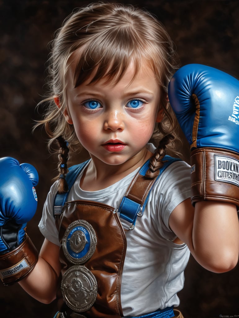 very cute painting of a little girl child with blue eyes and brown hair and boxing gloves
