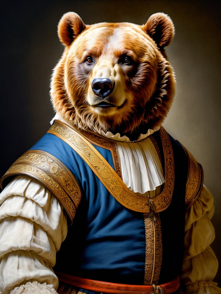 A masterpiece painting by Rembrandt Van Rijn, a Portrait of a bear wearing the typical clothes of the time, Renaissance painting style, 2 3 view, simple background, waist upwards, highly detailed, high contrast