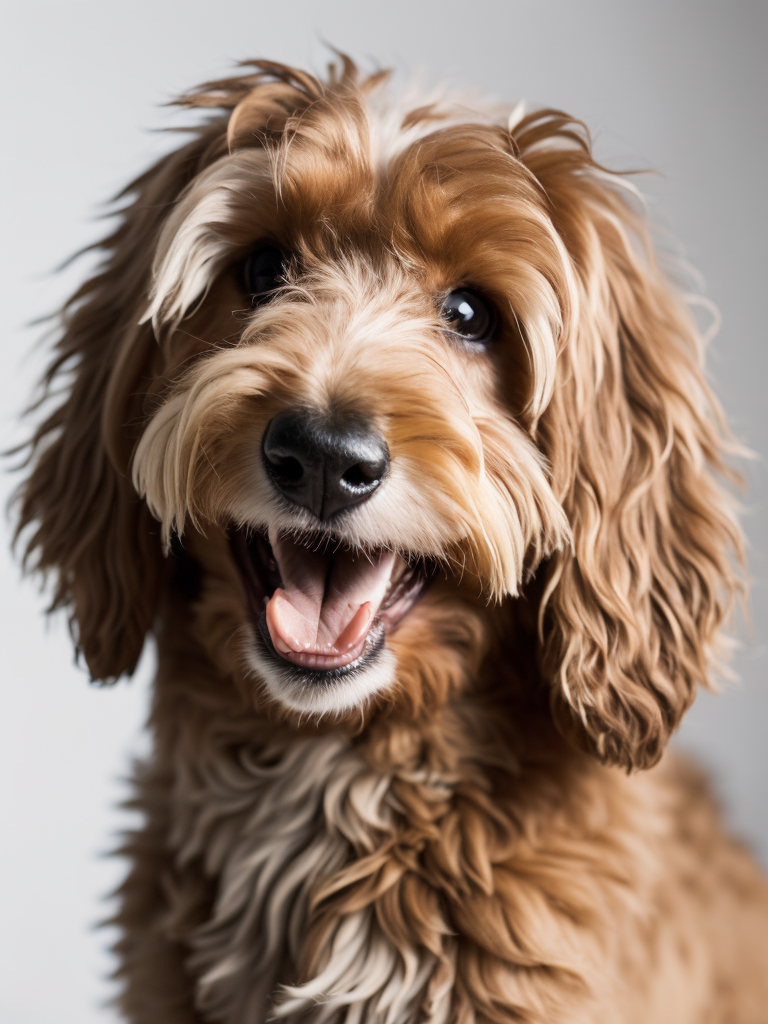 australian labradoodle smiling on whithe background (limbo white) (((white background))) smiling (((smiling))) (((happy))