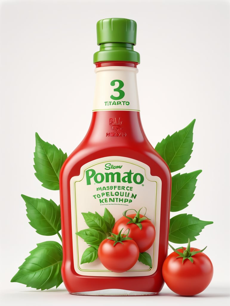 tomato ketchup bottle, red tomato with green leaves, isolated, white background