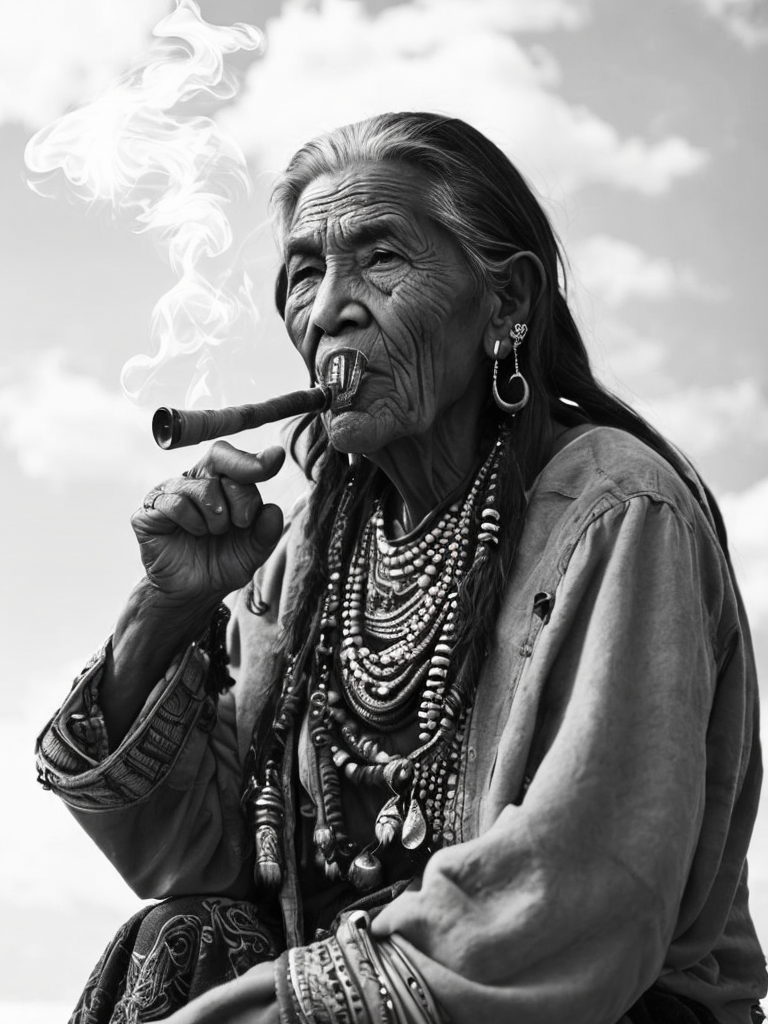 Canada's First Nations people, rare historical photo, black and white photography, a old woman smoking a pipe, redskin, native Americans