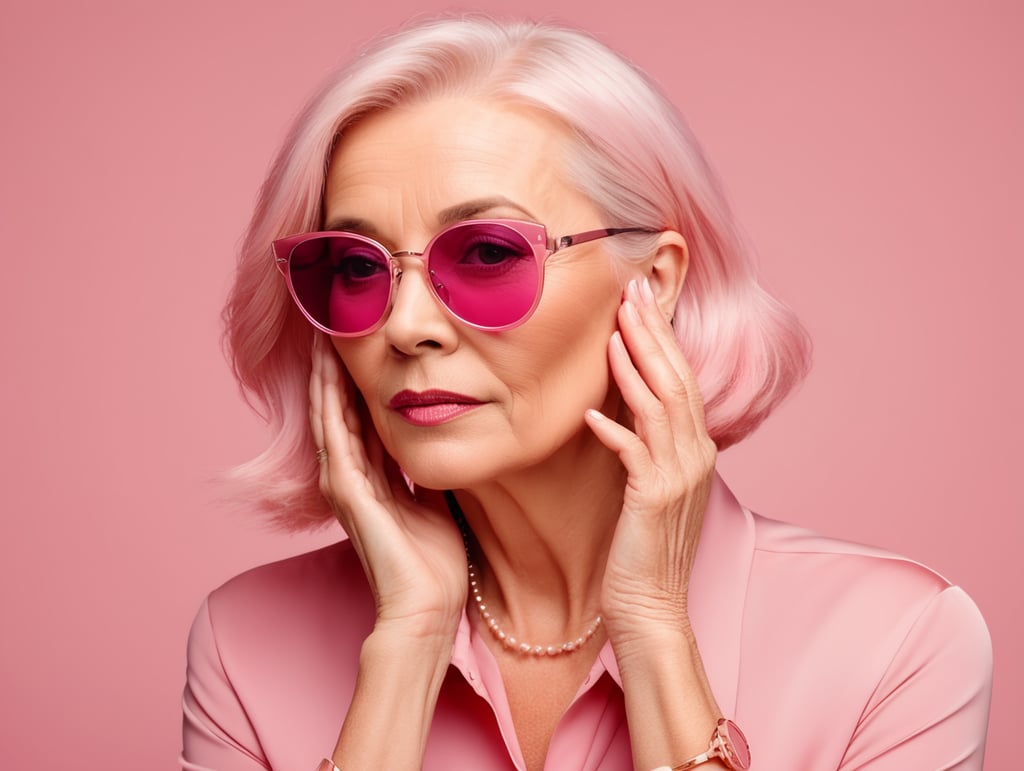 Blonde middle aged woman ponders on something keeps hand near face, pink hair, pink blouse, pink sunglasses, minimalistic style, fashion, mature women, pretty old women, isolated, pink background