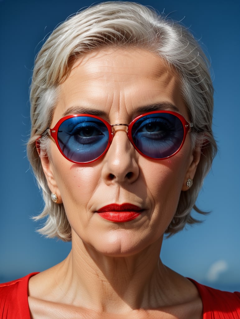 A portrait of a beautiful English older woman with white platinum short hair and big sunglasses, dressed all red, blue background, big cleavage, glamorous London portrait, highly realistic, women designer, very fashionable, colourful