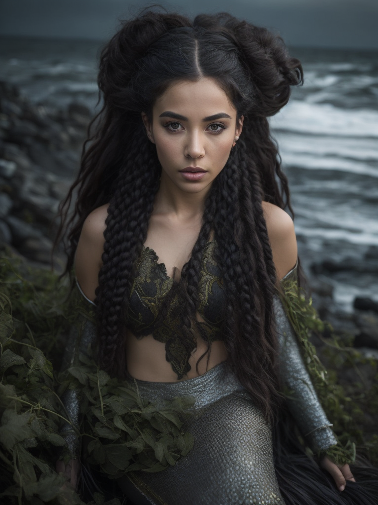 realistic looking full body mermaid with black wet hair, seaweed tangled in her hair in dark water with viking braids,holding weapons and a serious look on her face beautiful at night with a lot of detail and other warrior mermaids surrounding her