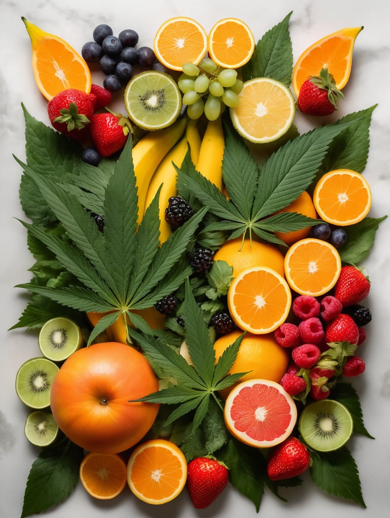 Cannabis leaf surrounded by exotic fruit, berries, and vegetables