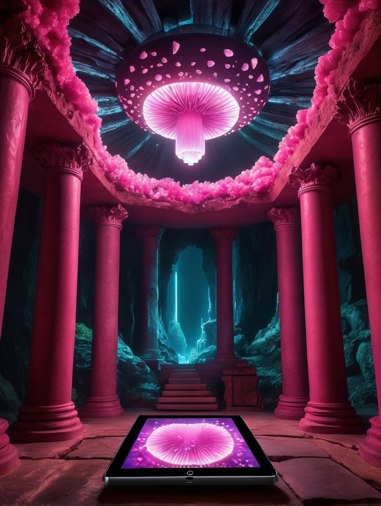 dark cave, luminescent mushrooms grow from below, stalagmites grow from above on the ceiling, on the background, in the middle on a natural pedestal levitates an electronic tablet tablet, which emits neon lighting, in which you can see a dashboard and a program for earning money - this is the main element of the composition, around it a small number of glowing pink crystals - symbolizing earnings, on the ceiling on the background hangs down head down a flying mouse with wings spread out