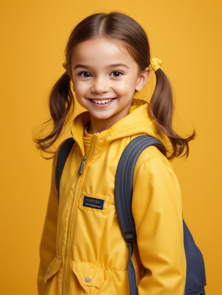 photo happy little girl going to travel, cute girl, dressed in all yellow, yellow background, harpers bizarre, cover, headshot, hyper realistic