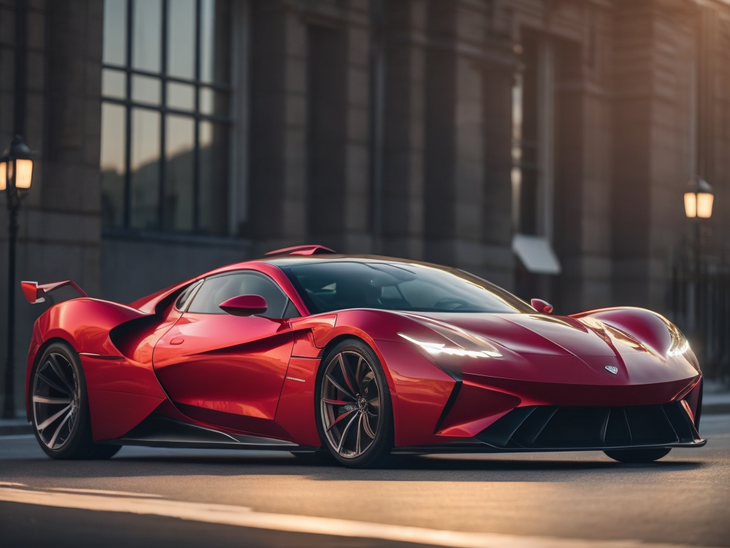 Capture a stunning photograph of a vibrant red futuristic car no logo, no symbol, no brand. Utilize a Zeiss Otus 55mm f 1. 4 lens for exceptional sharpness and color rendition to emphasize the luxury and extravagance of the scene. Experiment with a shallow depth of field (around f 2. 8) to separate the subject and the car from the background. Pay close attention to the volumetric lighting, creating dramatic shafts of light that envelop the scene in a warm, ethereal glow. Experiment with various angles and perspectives, such as low - angle shots, to accentuate the power and prestige of both the subject and the setting. Like the car's polished body , to add depth and visual interest to the composition. Finally, capture the essence of luxury, ambition, and urban sophistication in this captivating diffusion photography scene.