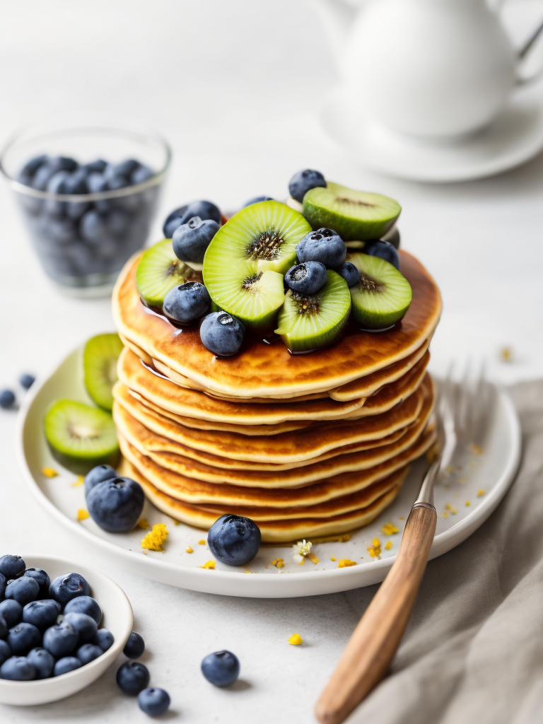 Pancakes with blueberry and kiwi decorated with chamomile flowers, bright atmosphere, Provence, Depth of field, Incredibly high detailed