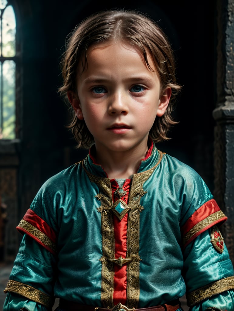 Portrait of child, half lenght, medieval clothes, Wes Anderson style, Incredibly high detail, Bright colors, turquoise green, light blue and red colors,