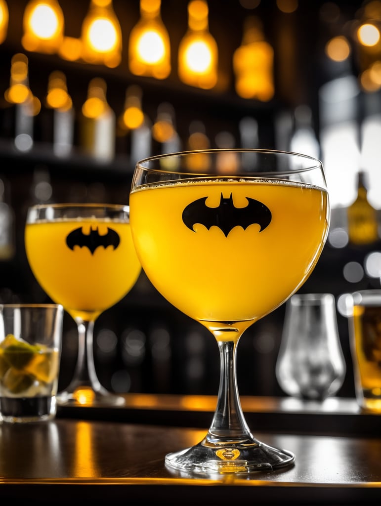 yellow and black like batman Drink Snifter Glass in a darkness bar, cinematic lighting, product shot, 4:3, 4k