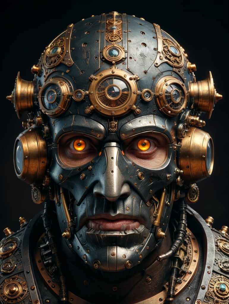 human head made by a skilled craftsman in medieval steampunk style