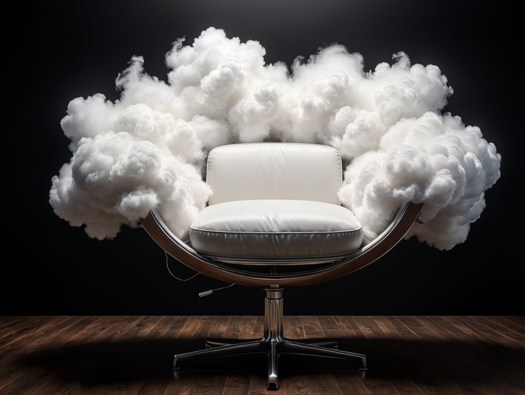 a beautiful modern chair on form of white cloud, studio shot, black background, studio light, hyper realistic, hyper detailed