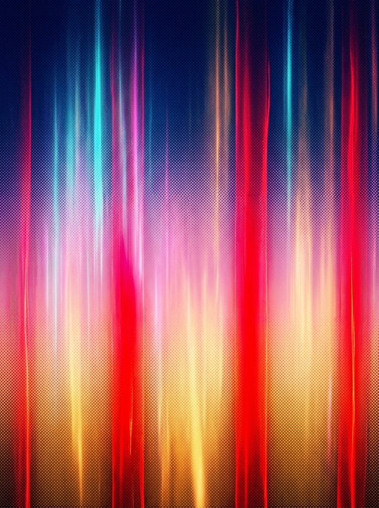 abstract vertical gradient background, blurred light streaks, deep blue merging into soft pink and warm orange, bright red columns, distinct halftone dot texture, vivid luminous screen aesthetic