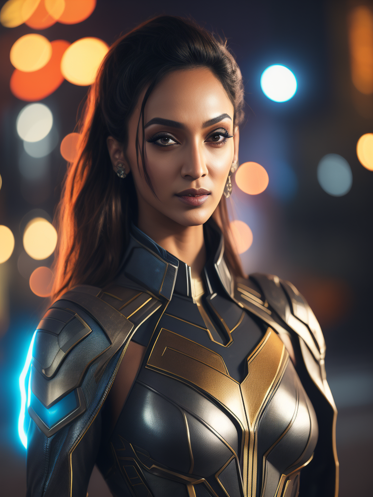 Potrait of Kiara Advani wearing a futuristic superhero outfit from year 2100, highly detailed, vogue, sharp focus, dramatic lighting, depth of field, incredibly high detailed, blurred background