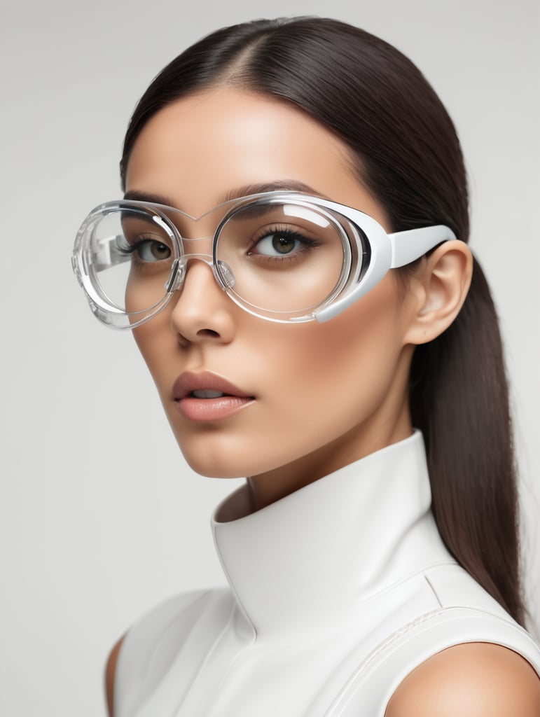 a women model with futuristic unmounted glasses, transparent, minimal design, white background, studio lighting