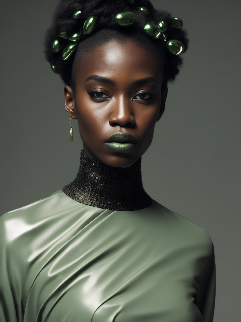 Resolute ebony woman model, gazing diagonally, adorned in extravagant and avant-garde attire, featuring plastic and latex elements, abstract forms, asymmetrical techno embellishments, dominant green hue, 4k resolution, medium frame, cinematic capture, reminiscent of Iris van Herpen aesthetics.