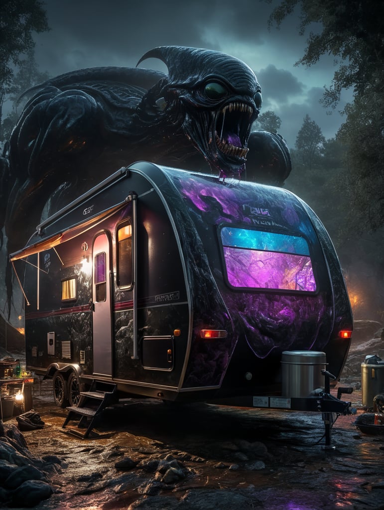 Alien camping trailer made of black alien liquid, translucent with neon lights, liquid dripping from the trailer, dark atmosphere
