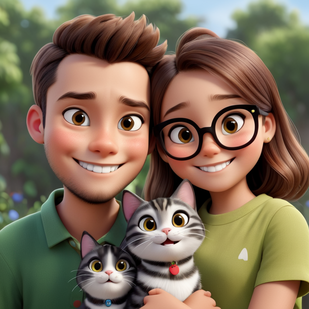 Dark brown tabby cat, black and white cat, boy, girl, smooth face, smile, stubble