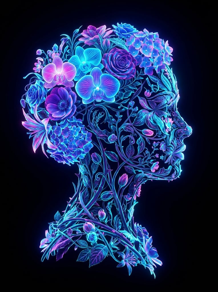 A surreal profile silhouette of a human head facing right, constructed entirely from oversized floral elements against a stark black background. The delicate contours of the face, including the forehead, nose, lips, and chin, are intricately sculpted from curled leaves and budding stems. Large blooming flowers dominate the head shape, rendered in electric neon blue, cyan, and ultraviolet tones with iridescent pink highlights on the petals. Interlocking thick stems and sharp foliage form the lower neck and bust structure. The composition utilizes a striking double-exposure illusion with stark high-contrast lighting, giving the vividly textured botanical forms a bioluminescent, glowing quality.