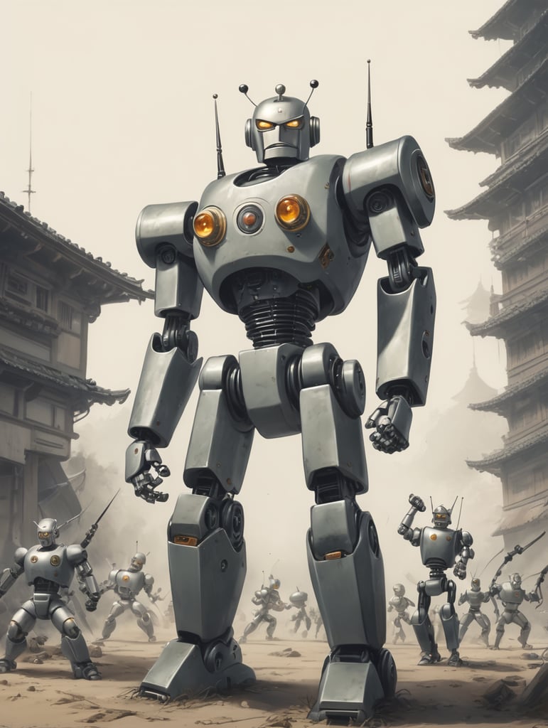 Anime style robot Fighting small robots in 50s style art