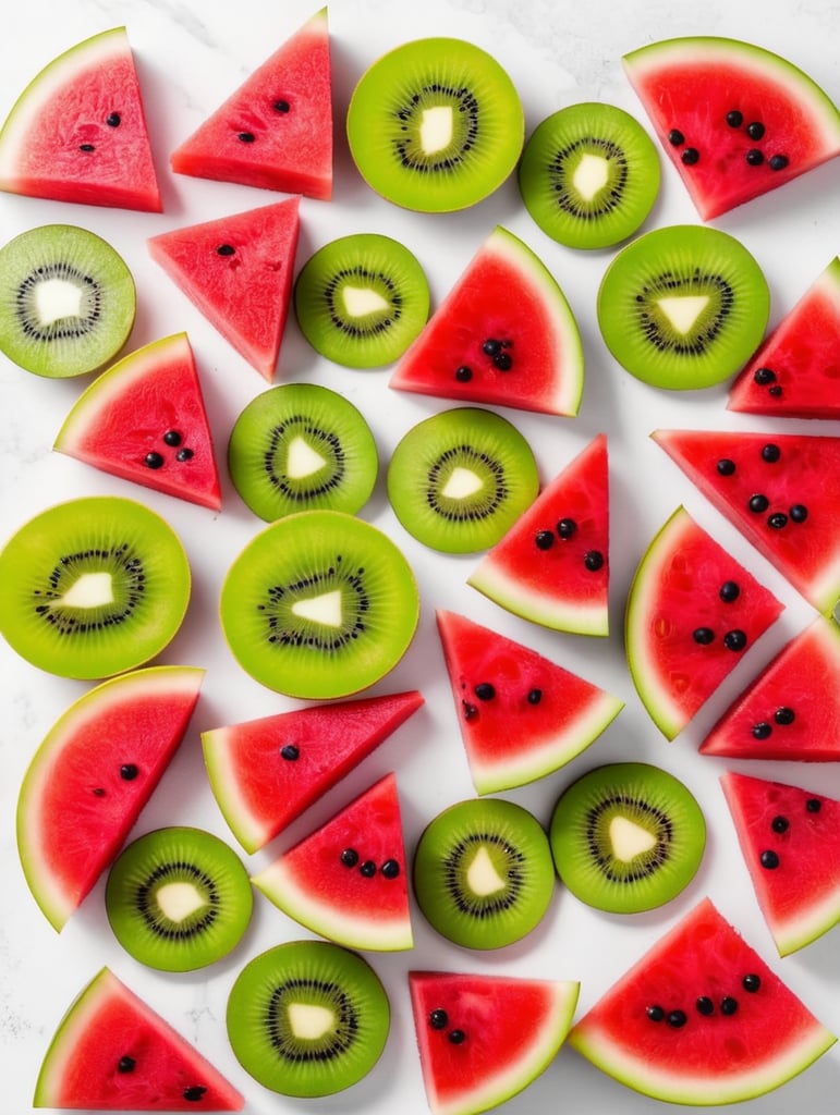 Colorful sliced fruit pieces, top view, watermelon, dragon fruit, kiwi, strawberry