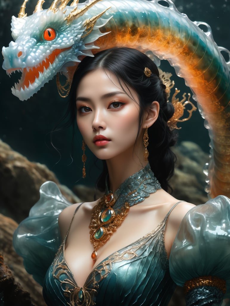 RAW photo, best quality), (realistic, photo-Realistic:1.3), full body, Water dragon, fasterpiece, beautiful and aesthetic, 16K, (HDR:1.4), high contrast, (vibrant color:1.4), (muted colors, dim colors, soothing tones:0), cinematic lighting, ambient lighting, sidelighting, Exquisite details and textures, cinematic shot, Warm tone, (Bright and intense:1.2), ultra realistic illustration,Portrait of a ghostly jellyfish, shiny aura, highly detailed, gold filigree, intricate motifs, organic tracery, by Android jones, Januz Miralles, Hikari Shimoda, glowing stardust by W. Zelmer, perfect composition, smooth, sharp focus, sparkling particles, lively coral reef background, inspired by necronomicon art | botanical art | Egon Schiele | Luis Royo, eye-catching, artistic, ominous colors, masterful shadows, hyper details, hyperrealistic, otherworldly, eerie steampunk landscape, by Yoshitaka Amano | yoji shinkawa:2.0, staring at viewer, black baccara:2.0, mosaic glass scales, anime-inspired character, hypnosis gaze,