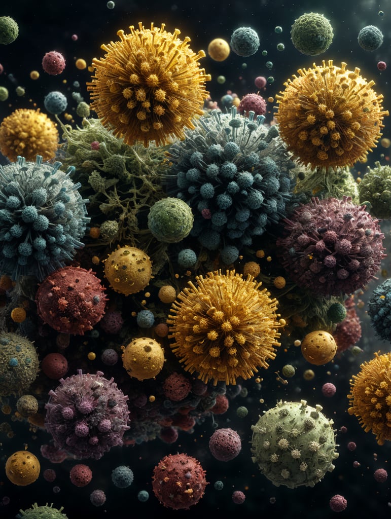 view of several microscopic round particles floating in the air such as viruses, pollen, bacteria