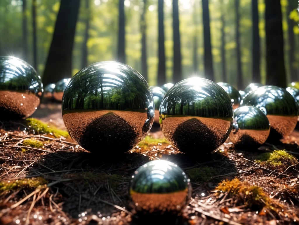 chrome round balls flying in the forest, no blur, sharp focus, cinematic lighting, epic scene