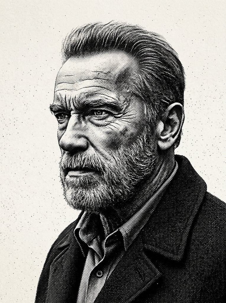 black and white stippled portrait of a stern man looking left, high contrast pointillism, varying dot density forming deep facial shadows, stark halftone effect, light background