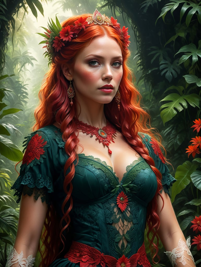 Portrait Of beautiful red haired bohemian queen wearing red colour lace surrounded by jungle Plants And Flowers art by Mike Mayhew and Mark brooks and Ross Tran 8K Resolution